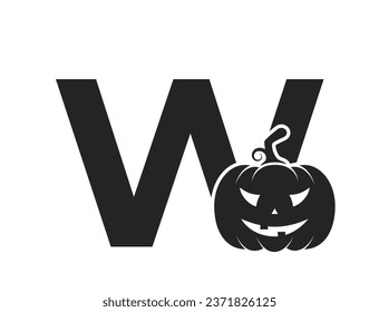 letter w with jack o lantern. halloween and autumn alphabet logotype symbol. pumpkin face isolated vector image in simple style