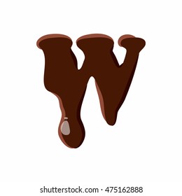 Letter W from latin alphabet with numbers and symbols made of dark melted chocolate