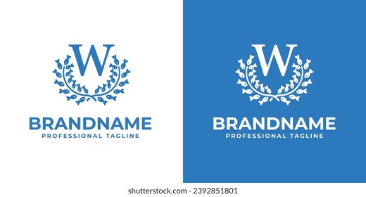 Letter W Laurel Fish Logo, suitable for business related to Fish and Laurel with W initial