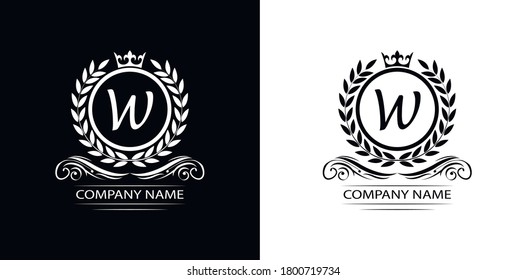 Letter W laurel wreath template logo Luxury letter with crown. Monogram alphabet . Beautiful royal initials letter.	 