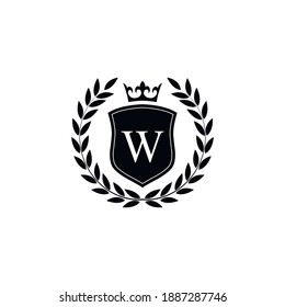  Letter W laurel wreath template logo Luxury shield letter with crown. Monogram alphabet . Beautiful royal initials letter.