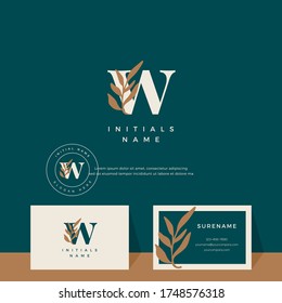letra W con hoja Belleza diseño del logo vectorial de boda inicial, moda, boutique, floral y botánico con plantilla de tarjeta de visita
