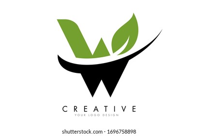 Letter W with Leaf and Creative Swoosh Logo Design. Eco Letter Vector Illustration.