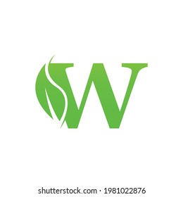 Vector de diseño de plantillas de logotipo verde de letra W y hoja