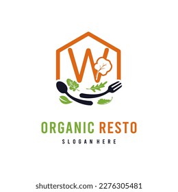 Letter W with Leaf Vegetable for Organic Vegan Food and Resto Business Logo Idea Template	