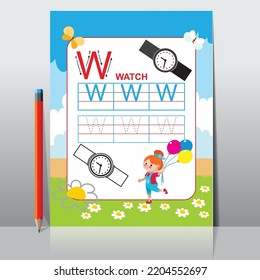 Letter W Learning Kids alphabet activity. Worksheet for learning alphabet. Handwriting practice sheet. Basic writing. 