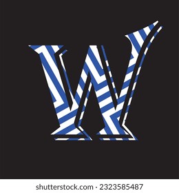 Letter W lettering with blue and white stripes and black background
