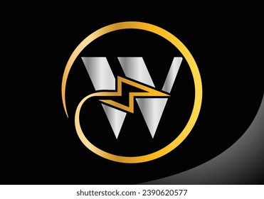 Letter W with lighting thunder bolt Logo Design Vector Template.