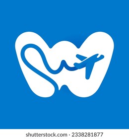 Letter W logo with airplane trail. Negative space style icon. Plane navigator pointer. Vector typeface for airline identity, travel app, journey posters, jet company, and shipping advertising.