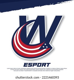 Letter W logo with american flag icon design, Shield Emblem Sport Team, Patriotic, USA Flag vector