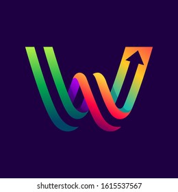 Letter W logo with arrow inside. Vector bright colours typeface for delivery labels, business headlines, finance posters, sport cards etc.