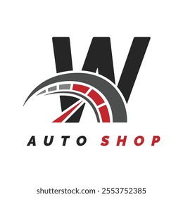 letter W logo auto mechanic with speedometer style. Alphabet W automotive speedometer design icon