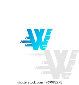 Letter W logo. Blue distorted vector icon. Speed concept font.