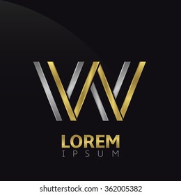 Letter W logo. Brand symbol with golden and silver elements, Vector illustration