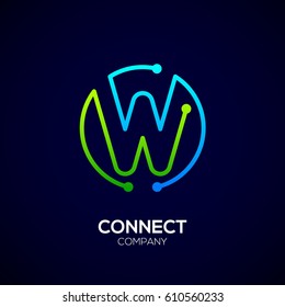 Letter W logo, Circle shape symbol, green and blue color, Technology and digital abstract dot connection