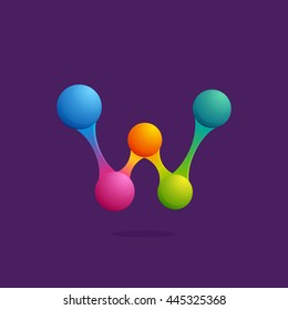 Letter W logo with colorful spheres or dots and lines. Colorful vector design for banner, presentation, web page, app icon, card, labels or posters.