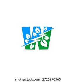 Buchstabe W-Logo, das einen Blitzschlag und ein grünes Blatt kombiniert. Vektordesign für erneuerbare Energien, umweltfreundlichen Strom und nachhaltige Technologie-Startups.