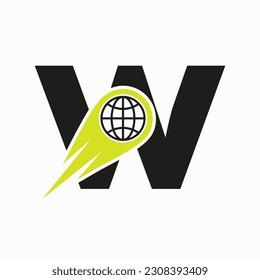 Concepto de logotipo de letra W con plantilla de vector de iconos mundiales 