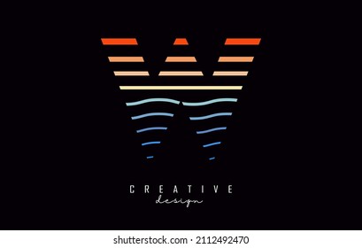 Letter W logo design with colorful straight and zig zag lines. Vector illustration with sea and sunset color lines.