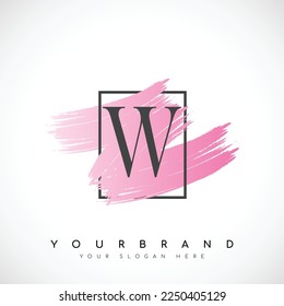 Letter W Logo Design With Pink Brush in Black Frame. Vector Illustration