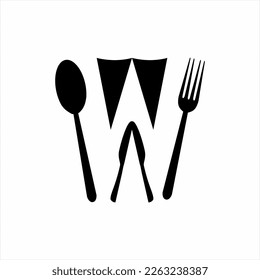 Diseño del logotipo de la letra w con cuchara, tenedor y cuchillo. Se puede usar para cafés, restaurantes, decoración y logotipos de negocios de comida.