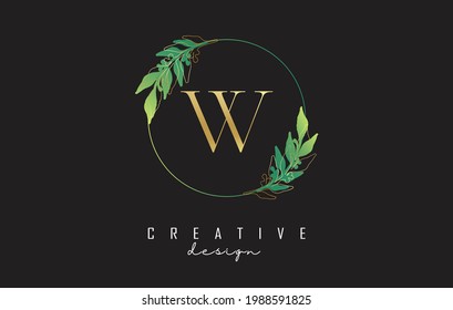 Letter W logo design with uppercase, leaf details, golden outline leaves and circle frame. Vector Illustration with Botanical elements. Nature template with W letter.