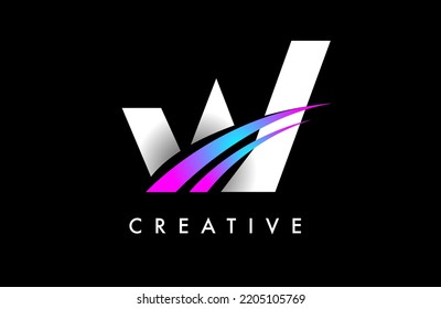 Vector de diseño con logotipo W curvo con líneas de esparadrapo azul púrpura y aspecto creativo. Elegante Ilustración del Vector de Idea del logotipo W moderno inicial.