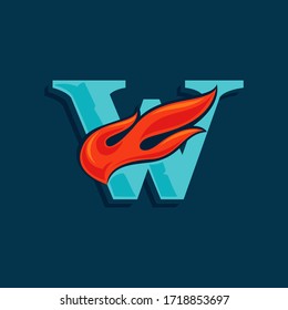 Letter W logo with fast speed fire. Vintage serif font with line shadow. Vector icon perfect for sportswear labels, race posters, victory identity, etc.
