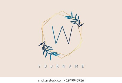Letter W Logo with golden polygon frames and gradient blue leaves design. Luxury vector illustration with letter W and blue gradient leaf.