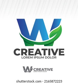 Logotipo de letra W con ilustración de hoja verde, deja el vector de icono aislado en fondo blanco