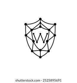 Logotipo de letra W con puntos de línea y logotipo de seguridad cibernética ​​Shield Empresa de negocios de Tecnología digital