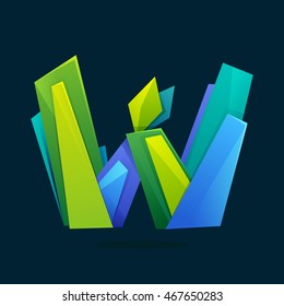 Letter W logo in low poly style with green leaves. Ecology vector design for presentation, web page, app icon, card, labels or posters.