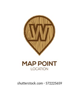 Letter W Logo Map Point Location with wooden texture,Pin maps symbol