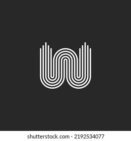 Letter W logo minimal monogram initial curved form, smooth parallel black and white thin lines wavy pattern, waves linear shape.