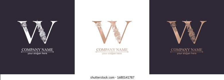 Letter W logo or monogram. For your business. Vector sign. Floral style, beautiful roses. Personal logo.
