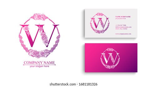 Letter W logo or monogram. For your business. Vector sign. Floral style, beautiful roses. Personal logo.