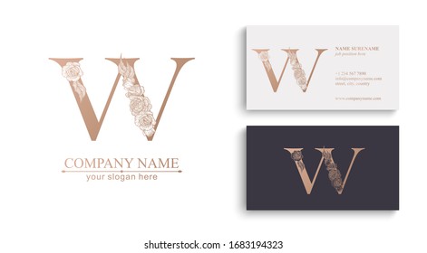 Letter W logo or monogram. For your business. Vector sign. Floral style, beautiful roses. Personal logo.