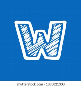 Letter W logo on blueprint paper background. Perfect font for sketch design, infographic print, technology card and doodle concepts, etc.