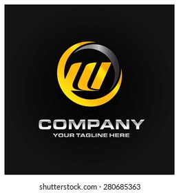 Letter W logo , Orange and gray Metal abstract glossy logo on black background . Place for Company name and tag line . Business logo - vector illustration