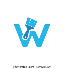 Letter W Logo With Paint Brush Design. Home Building Decoration Icon Graphic. Digital Painting Proffesional Vector.