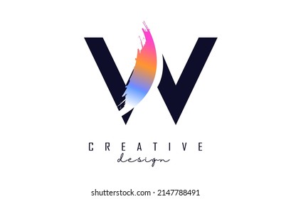 Letter W logo with rainbow brush stroke and creative cut. Creative Vector Illustration with letter.
