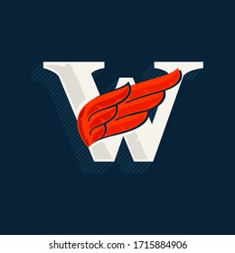 Letter W logo with red wing. Classic serif font with shadow made of lines. Vector icon perfect for sport labels, shipping posters, power identity, etc.