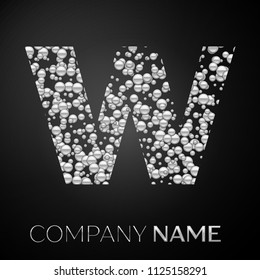 Letter W logo silver dots. Alphabet logotype with abstract silver bubbles shape on black background. Vector template for your design