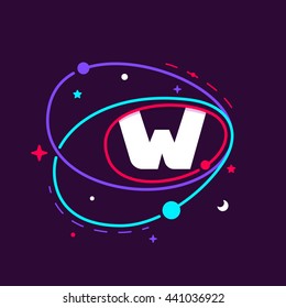 Letter W logo in space orbits, stars and and planets. Colorful vector design for app icon, corporate identity, card, labels or posters.