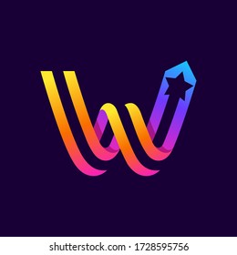 Letter W logo with star inside. Vector parallel lines icon. Perfect font for multicolor labels, space print, nightlife posters etc.