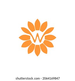Letter W logo with sun flower shape. Initial W sunflower flat simple logo. Flower icon for farm, company, beauty, flourish and brand identity