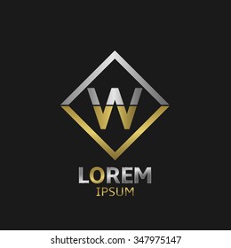 Letter W logo template badge with golden and silver elements. Vector illustration