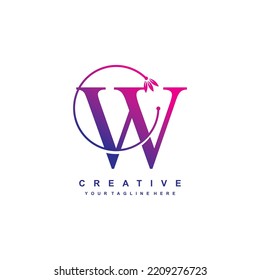 plantilla de logotipo de letra W con colores de gradiente azul y violeta con ornamentos florales y líneas circulares. diseño elegante y lujoso del logotipo W. hermosa letra vectorial del logotipo W. icono W