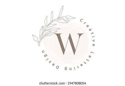 Letter W Logo With Watercolor brush and circle lettering design and outline leaves in Pastel Colors. Creative vector illustration with letter W for beauty, fashion, natural products or eco services.