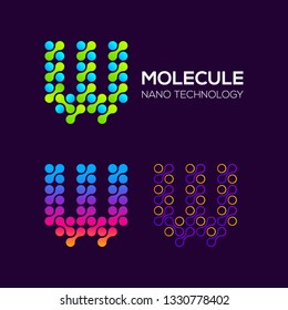 Letter W Logotype with Dots and Curve , Circle Shape and Line Connection, Molecule and Nano Technology logo, Innovation and DNA Icons, Medical Cosmetics Symbols, Science Laboratory Cell Signs
